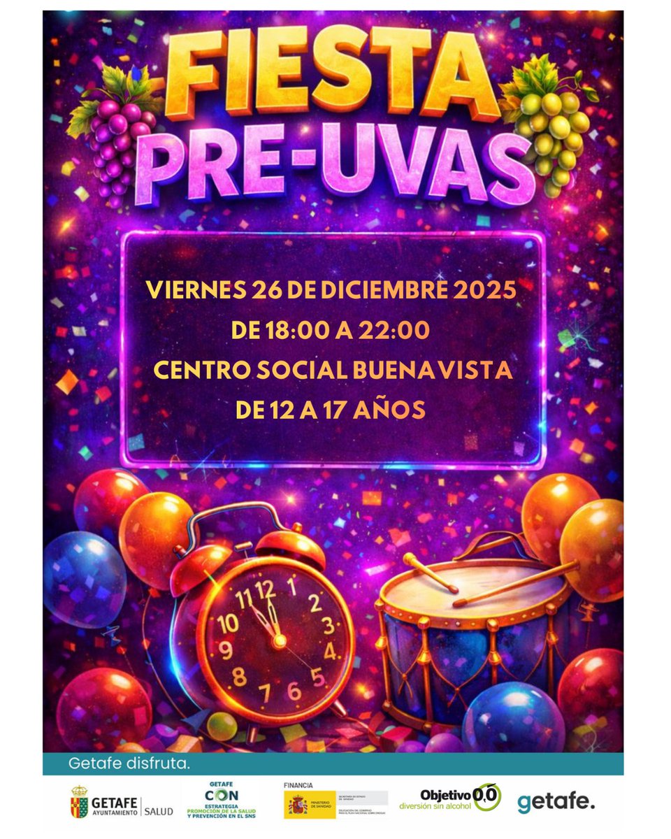 🍇 ¡Llega la Fiesta Pre-Uvas de Findes a tu rollo!
📅 Viernes 26 de diciembre 
🕕 18:00 a 22:00 h 
📍 Centro Social Buenavista 
 Para jóvenes de 12 a 17 años
Ocio saludable, música y diversión dentro del programa Objetivo 0,0. ¡No te lo pierdas! 🥳✨
<a href="/aytogetafe/">Ayuntamiento Getafe</a>
<a href="/getafejoven/">GETAFE JOVEN</a>