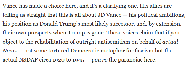 Vance will pretend as though he is disinterestedly arbitrating a political dispute on the right, but he’s not. He has intervened in it on behalf of his allies and their revisionist historical project.