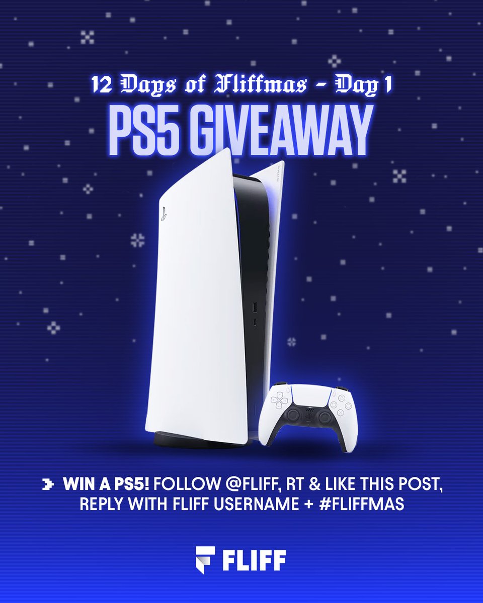 DAY 1️⃣: We’ve got PS5 consoles up for grabs 👇

🤝 Follow <a href="/fliff/">Fliff</a>
🔁 RT + Like this post
💬 Reply with Fliff username + #Fliffmas

(5) Winners selected &amp; announced tomorrow, 12/23 🎮