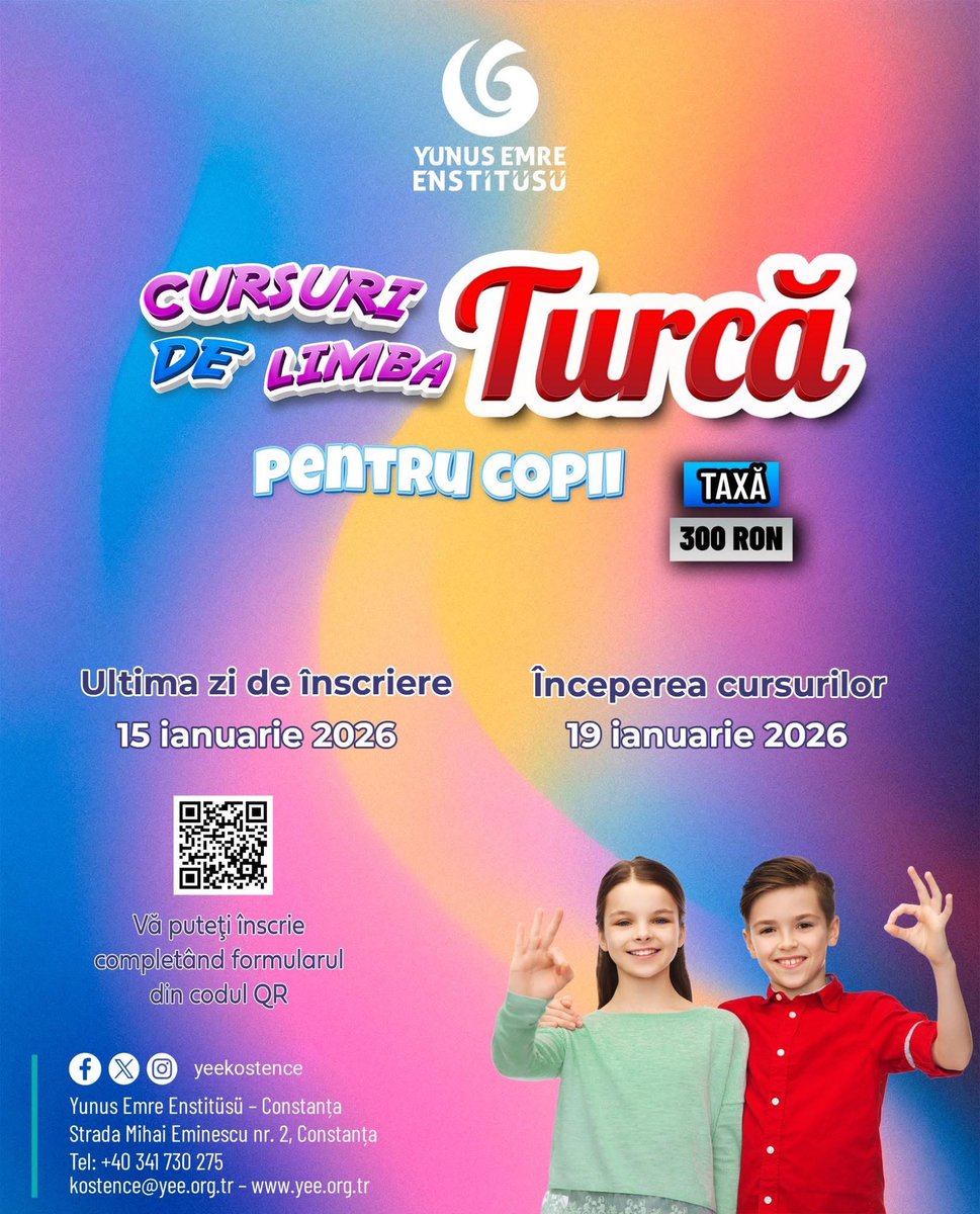 📢📢 🇷🇴 Încep înscrierile la cursurile fizice de limba turcă pentru copii ‼️
📢📢 🇹🇷 Çocuklar için yüz yüze Türkçe kursu kayıtlarımız başlıyor ‼️

✍🏼 Detalii şi înscriere / Detaylı bilgi ve başvuru:
🔗forms.gle/DQx3imPckbz2Va…

<a href="/yeeorgtr/">Yunus Emre Enstitüsü</a> 
#YunusEmreEnstitüsü #YunusEmreVakfı