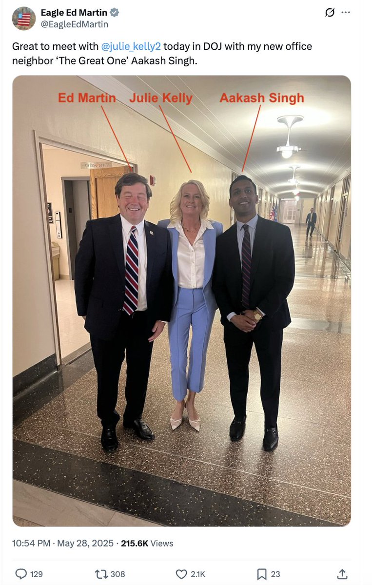 capitolhunters's tweet image. Reminder: Aakash Singh, the DOJ prosecutor who pushed the vindictive prosecution of Kilmar Abrego Garcia, is an ally of Ed Martin, Trump's "weaponization" attorney, Jan 6 promoter, and defender of J6 felons. This May, Martin called Singh "The Great One".