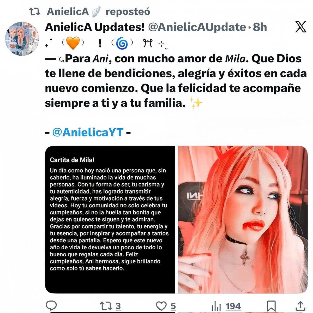 ¡OMG!. De verdad, es muy lindo ver que aun después de tanto tiempo sin actividad ella siga aquí, apoyando y demostrando su cariño con pequeños detalles. Un simple
like y rt para mi significa muchísimo. 🥹🫶

Te quiero mucho Anii!, estoy dando todo para volver con más amor. 🤍