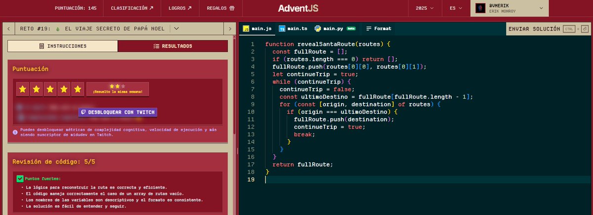 monroyaeu's tweet image. ✨𝗬𝗮 𝘁𝗲𝗻𝗲𝗺𝗼𝘀 𝗲𝗹 𝗿𝗲𝘁𝗼 𝗡𝗼.𝟭𝟵 𝗱𝗲𝗹 𝗔𝗱𝘃𝗲𝗻𝘁𝗝𝗦 ✨
💻 𝗥𝗲𝘁𝗼 𝟭𝟵: 𝗘𝗹 𝘃𝗶𝗮𝗷𝗲 𝘀𝗲𝗰𝗿𝗲𝘁𝗼 𝗱𝗲 𝗣𝗮𝗽𝗮 𝗡𝗼𝗲𝗹
⭐ 𝗖𝗮𝗹𝗶𝗳𝗶𝗰𝗮𝗰𝗶𝗼𝗻 : 𝟳 𝗘𝘀𝘁𝗿𝗲𝗹𝗹𝗮𝘀 

 #JavaScript #CodingChallenge #AdventJs