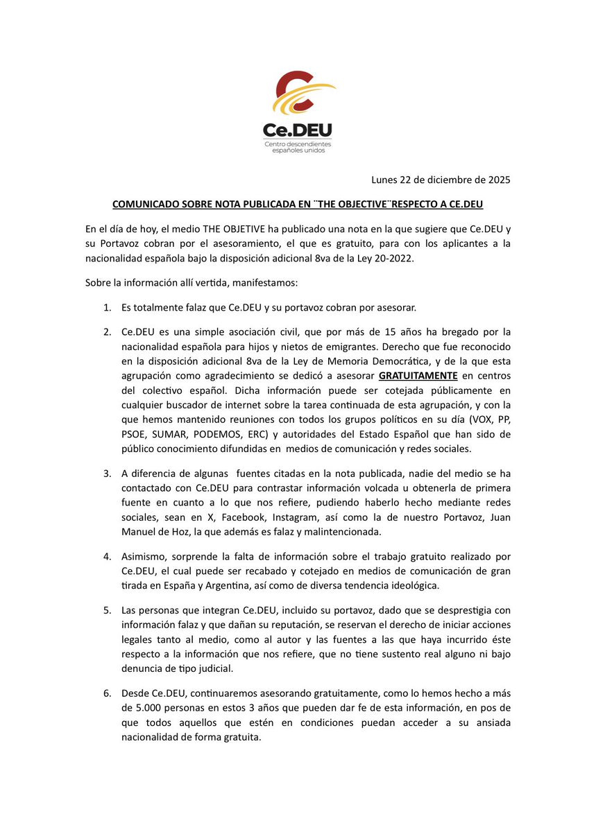Manifestamos nuestro pleno desacuerdo a las informaciones volcadas en <a href="/TheObjective_es/">THE OBJECTIVE</a> <a href="/antonioRG9/">Antonio Rodríguez</a> , sin sustento alguno y sin haber cotejado información que nos refiere, reservándonos el derecho a acciones . Ahí nuestro comunicado público.