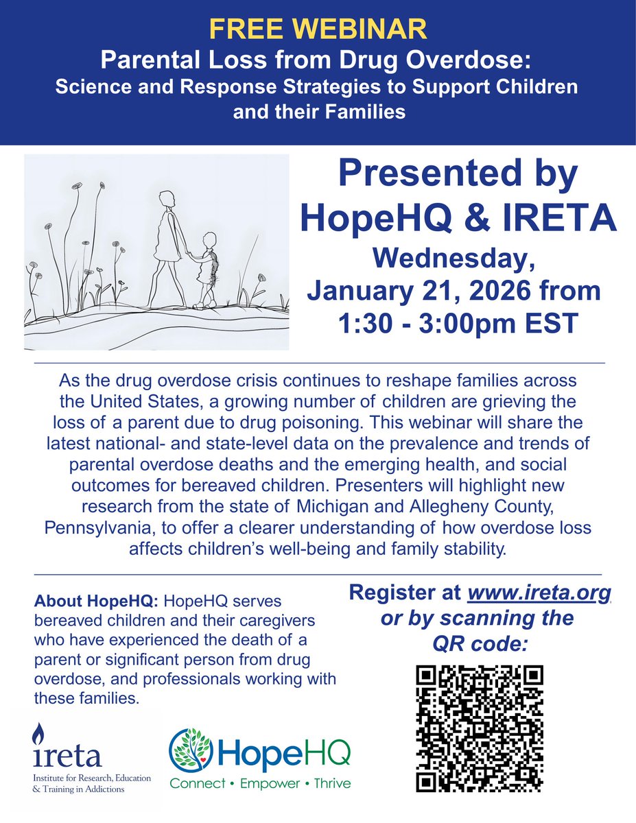 Children across the U.S. are grieving the loss of a parent to drug overdose. Join IRETA and HopeHQ for a free webinar on the data, research, and strategies to support affected children and families.
🗓 Jan 21 | 1:30–3 PM ET
Register here: events.teams.microsoft.com/event/f26ba7b2…