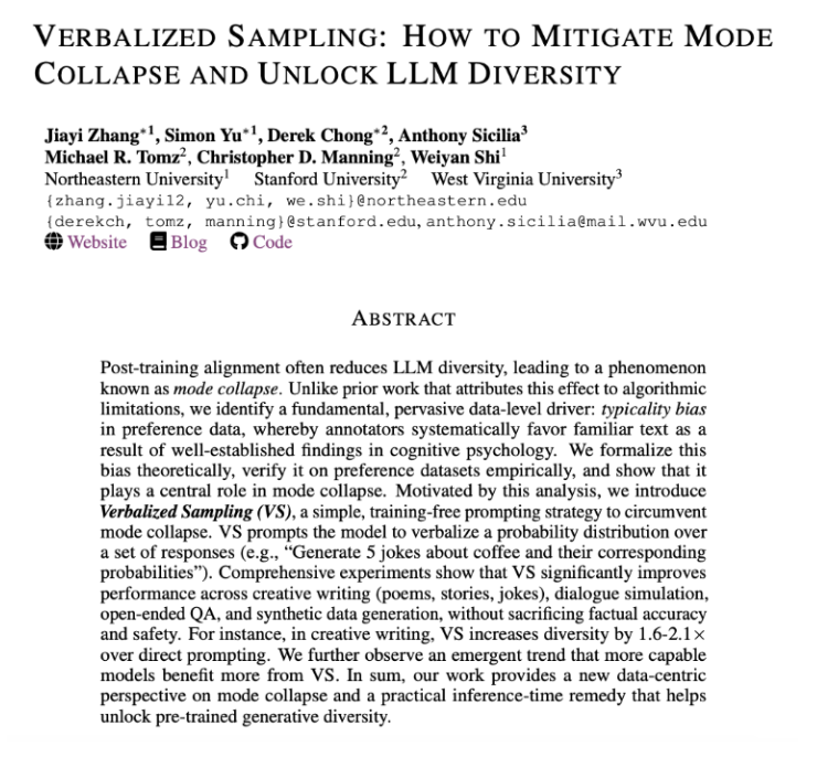 ChenSun92's tweet image. 4/N  Why are LLMs struggling with "interestingness"? A few under-the-radar papers discussed at #NeurIPS2025 highlight key insights:

1. The Diversity Problem: Post-trained LLMs are optimized for the most likely answer, often failing to capture the full distribution of…