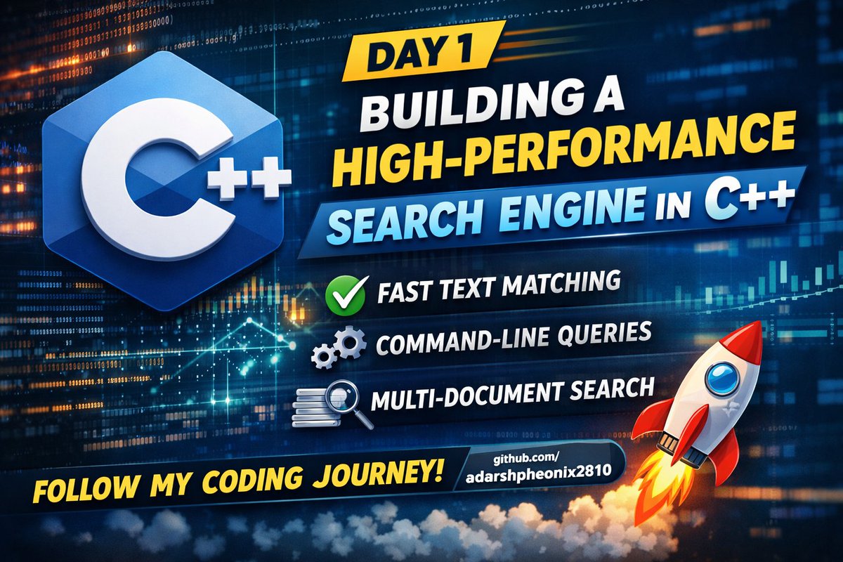 AdarshPheonix's tweet image. Day 1: Building a High-Performance Search Engine in C++ 
Started a command-line search engine from scratch to understand search at a low level.
✔️ Fast text matching
✔️ CLI queries
✔️ Multi-document search
 github.com/adarshpheonix2…
#CPlusPlus #OpenSource #SystemsProgramming