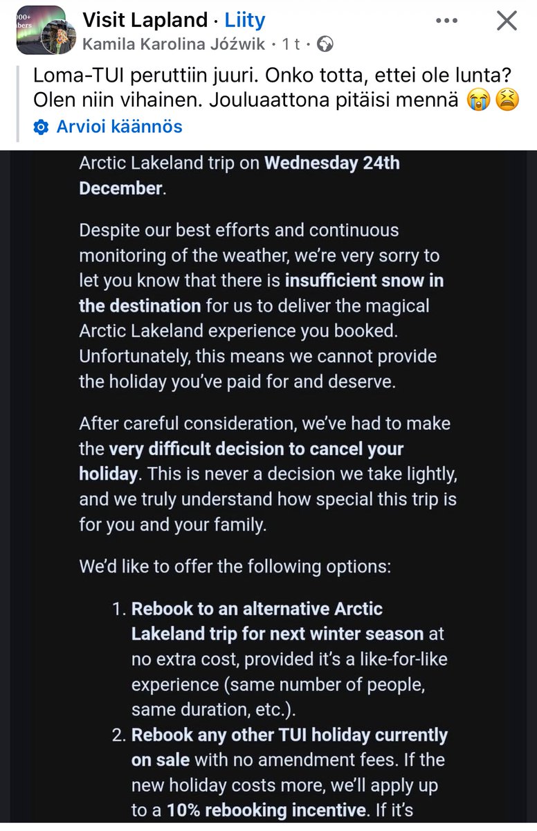 LMerisaari's tweet photo. @TUIUK miksi TUI markkinoi Lappia väärin ja pettää asiakkaitaan jotka eivät tunne Suomen karttaa. Kajaanin/Kuusamon seutu ei ole Lappia. Lapissa on lunta, tervetuloa TUI asiakkaat Saariselälle. Finnair tuntee Lapin. https://t.co/azbjvhmHjZ