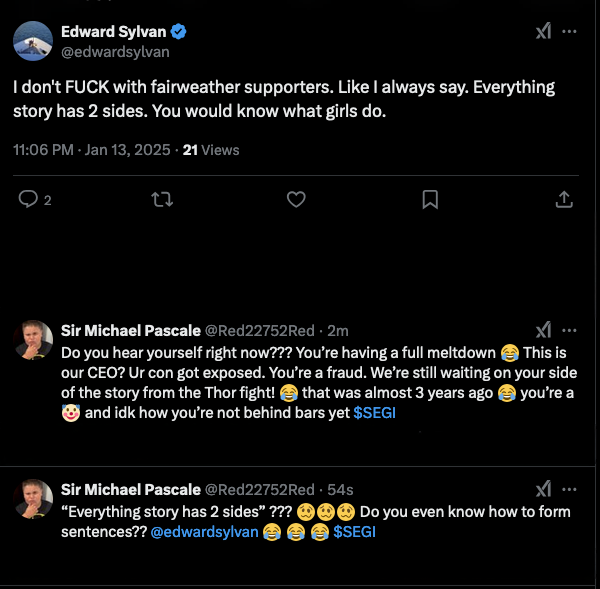 Segi_Lawsuits's tweet photo. When confronted about this, Edward Sylvan had a “full meltdown” in his now-deleted statement.

Of course, he had no real answers for $Segi shareholders…just gibberish. https://t.co/PmAhE0JW54