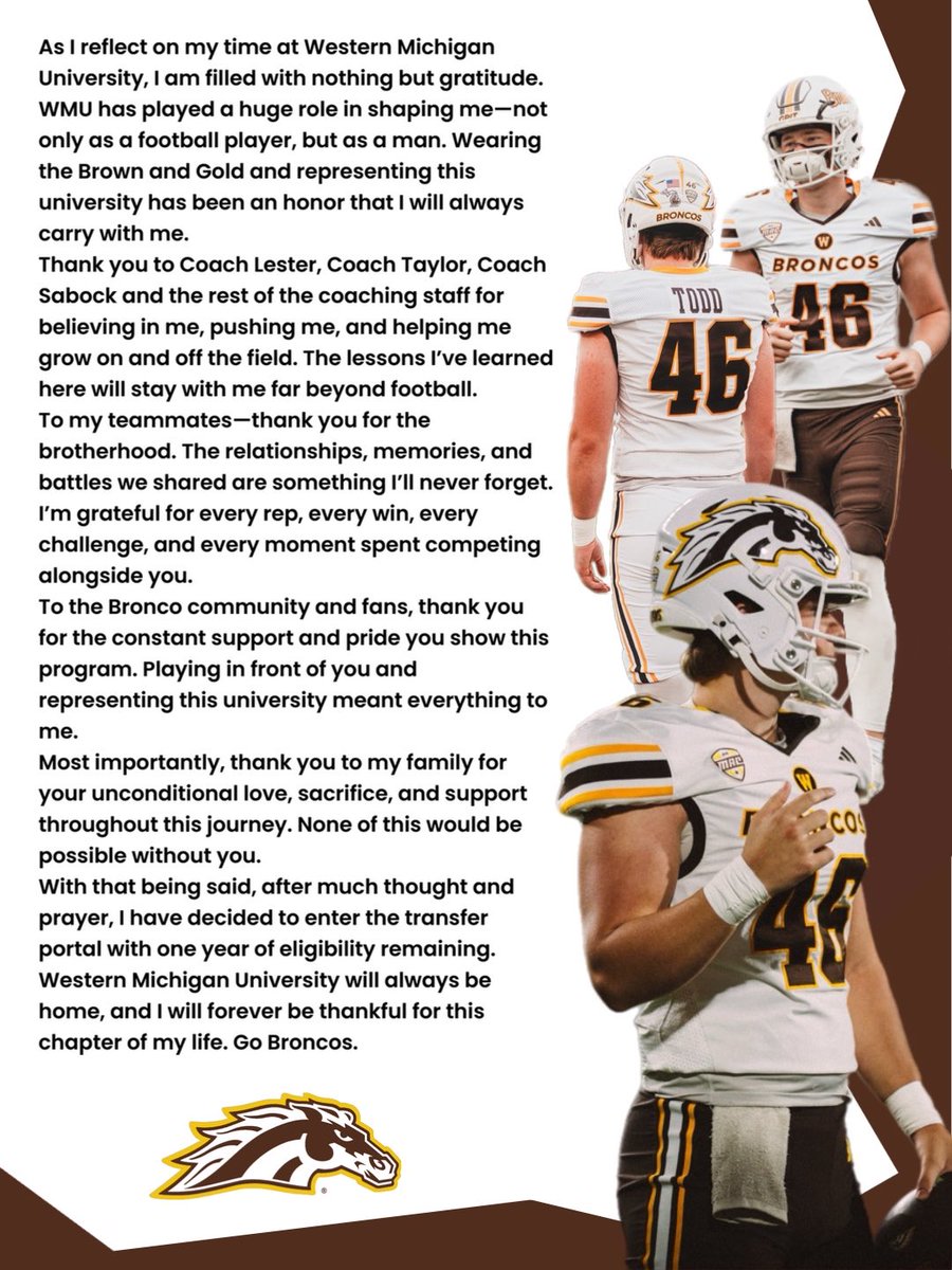 RJTodd15's tweet image. 3 Year FBS starter 
39 Games played 
All Conference 
Conference Champion 
2 Bowl games 

Thank you WMU, 1 year of eligibility left. @SpecialTeamsU @AllenTrieu