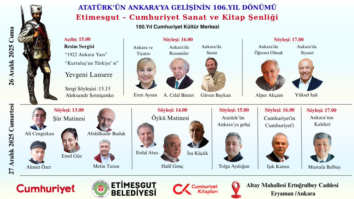 Etimesgut Belediyesi, Atatürk’ün Ankara’ya gelişinin 106. yıl dönümü kapsamında Sanat ve Kitap Şenliği’ne ev sahipliği yapıyor. 
Cumhuriyet Kitapları iş birliğiyle düzenlenen etkinlik, 26–27 Aralık 2025 tarihlerinde 100. Yıl Cumhuriyet Kültür Merkezi’nde gerçekleştirilecek.