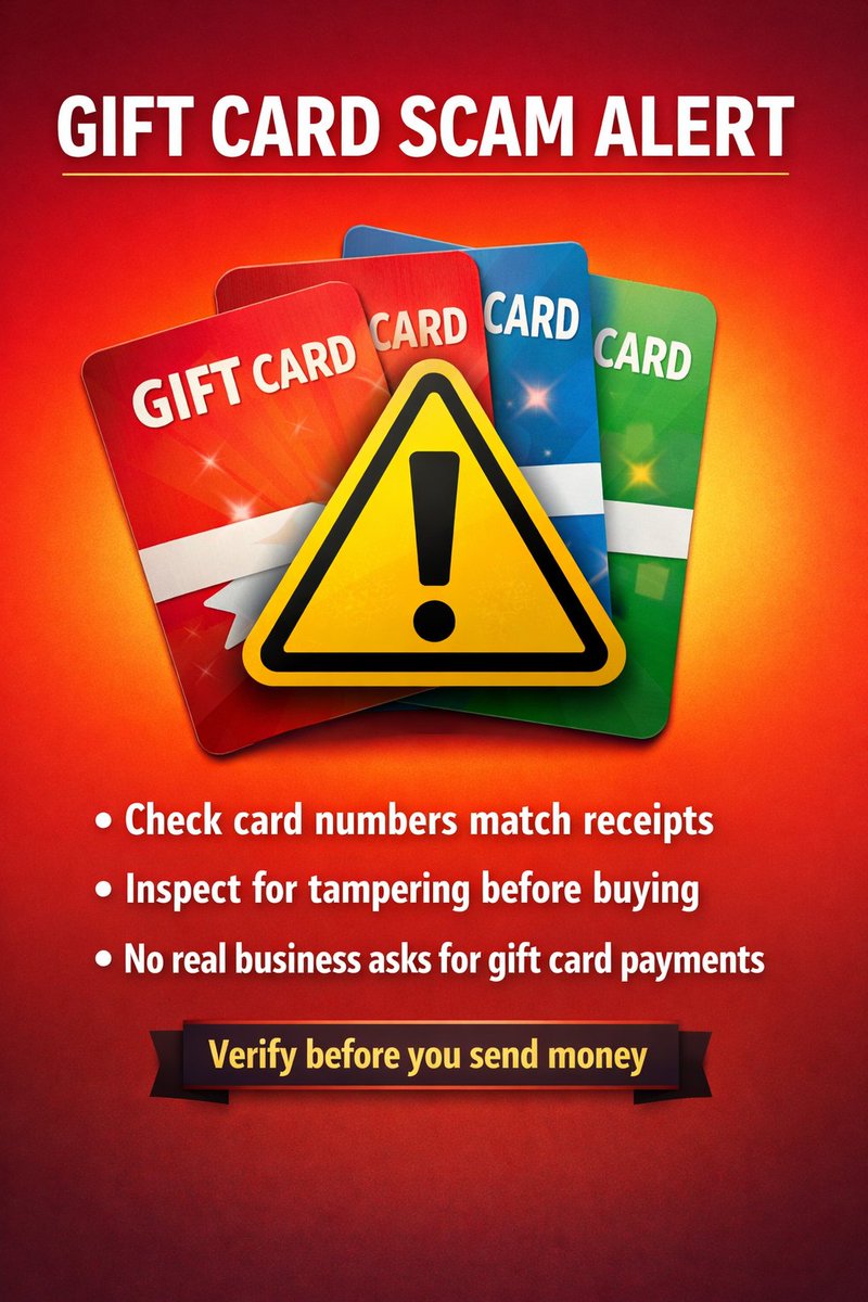 ⚠️ Gift card scams up 25% - criminals draining cards in stores &amp; tricking victims into buying them as "payment"

Red flag: Anyone asking for gift cards as payment is a scammer.

Worried about someone overseas asking for money? We can verify.

🔍 teserinvestigations.com/get-a-free-quo…