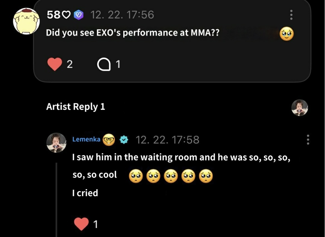 3232juncotton's tweet image. heart2hearts carmen said she cried while watching exo's mma performance, nct wish yushi verge of tears, riize anton and sungchan hyped exo for whole performance🥹🫶🏻 sm babies are so cute exo really raised whole generation