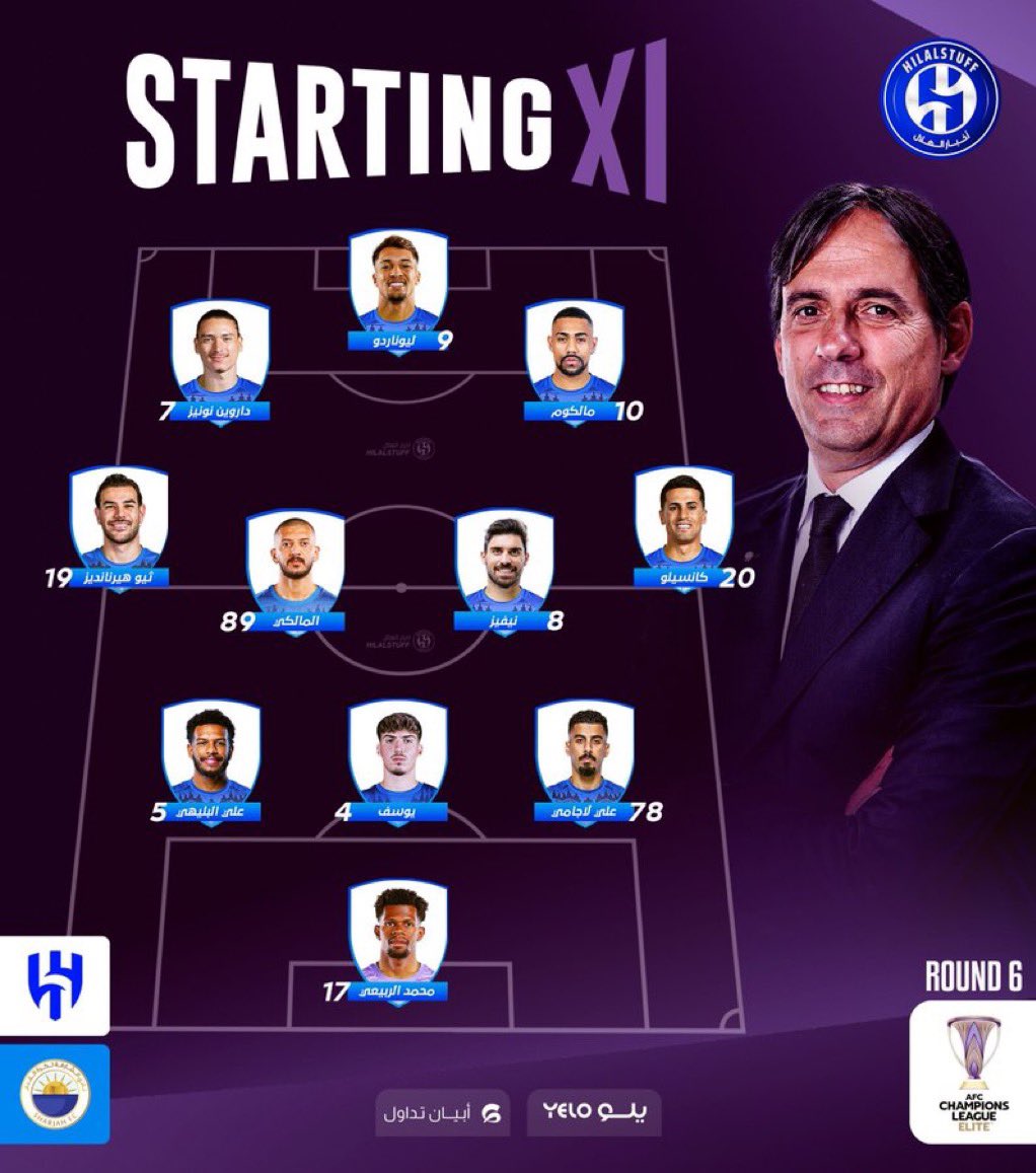 تشكيلة #الهلال في مواجهة #الشارقة
