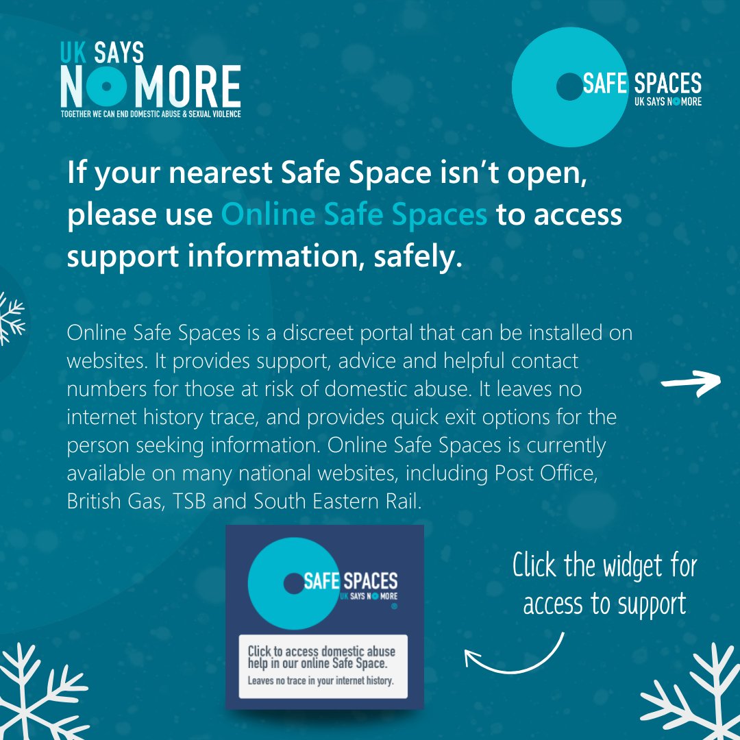 UKSAYSNOMORE's tweet photo. Over the festive break, many banks + pharmacies facilitating #SafeSpaces might be closed. We want you to know that support is still available.

#SafeSpaces 👉🏽 https://t.co/XSV0NaL6BC

Online #SafeSpaces 👉🏽 https://t.co/ENr5JXTaL5

#BrightSky 👉🏽 https://t.co/rrg4Zam7lT https://t.co/FouEnFFhh6