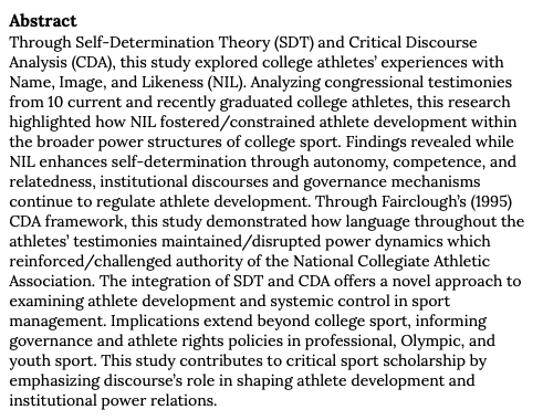 JIIAJournal's tweet photo. New Article Alert!

https://t.co/SzvY8knAJt

Name, Image, and Likeness: A Critical Exploration Through Self-Determination Theory

Molly Harry https://t.co/rL8TJVm1XH