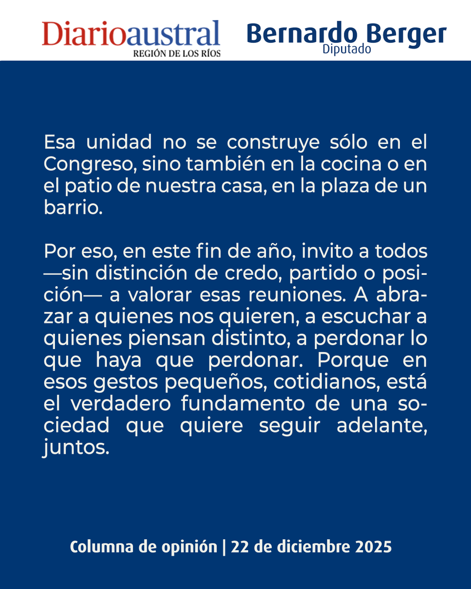 Comparto mi columna del Diario Austral, titulada “Regalos de fin de año”, una reflexión sobre el valor del encuentro familiar y comunitario en estas fechas, y la importancia del respeto y la escucha para fortalecer la convivencia. Los invito a leer el carrusel.

#Valdiviacl