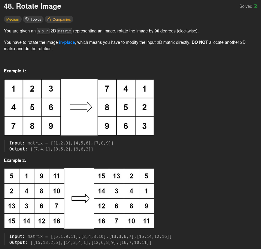 Pranjul07_'s tweet photo. " Trying to improve the previous self. "

#Day26 of #100DaysOfCode
Prob no. - 48. Rotate Image.

@java
#programming #dodailycode #dailycode https://t.co/7ipRG9OymO