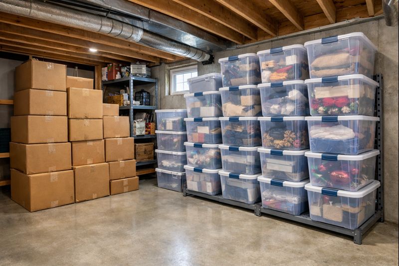Did you know? Cardboard is basically a “free hideout” for pests. Swap boxes for sealed plastic totes for cleaner storage.