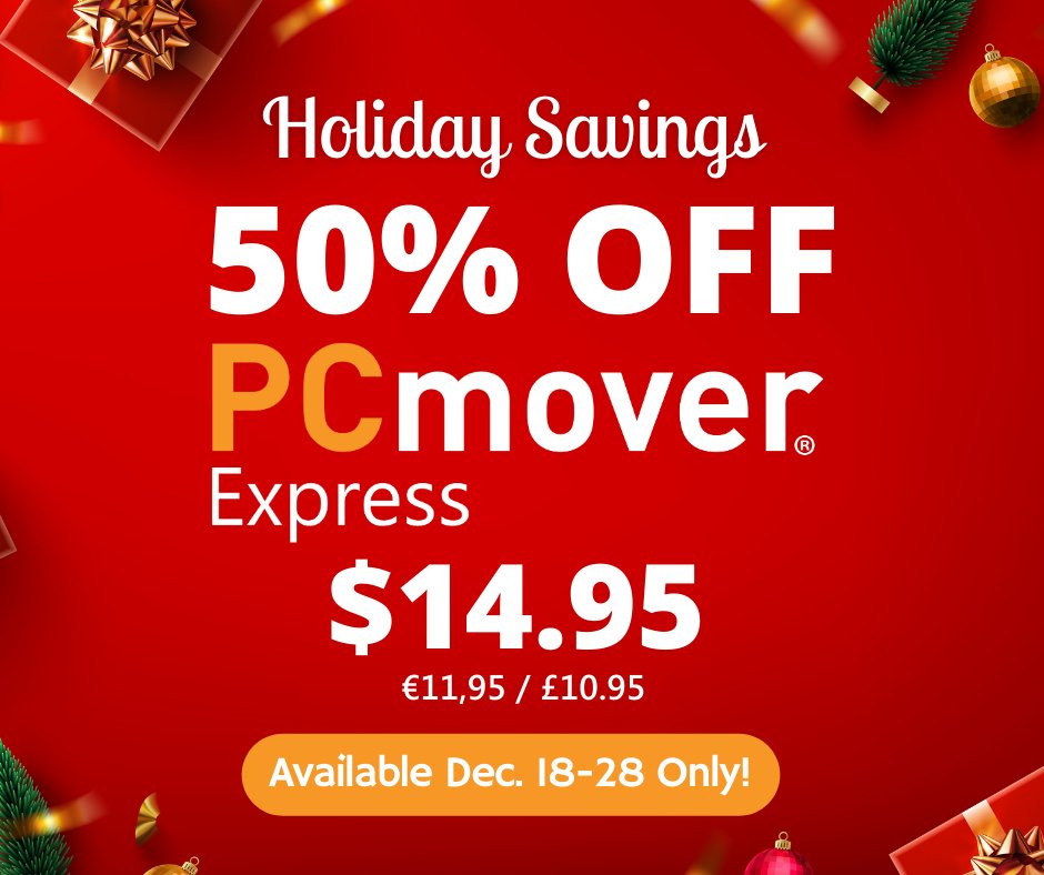 Our holiday deal on PCmover Express is live: 50% off, normally $29.95 but now just $14.95. Quickly move your files, settings, and user profile to a new PC with just a few clicks.
Sale ends Dec 28, so order soon! hubs.la/Q03XymzD0