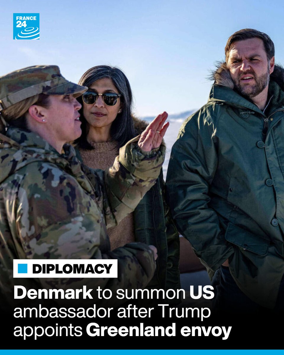 🇺🇸 🇩🇰 🇬🇱 #Denmark said Monday it will summon the #US ambassador after US President Donald #Trump announced he had appointed a special envoy to #Greenland, the Danish autonomous territory he has threatened to annex.

Read more ➡️ go.france24.com/0Zq