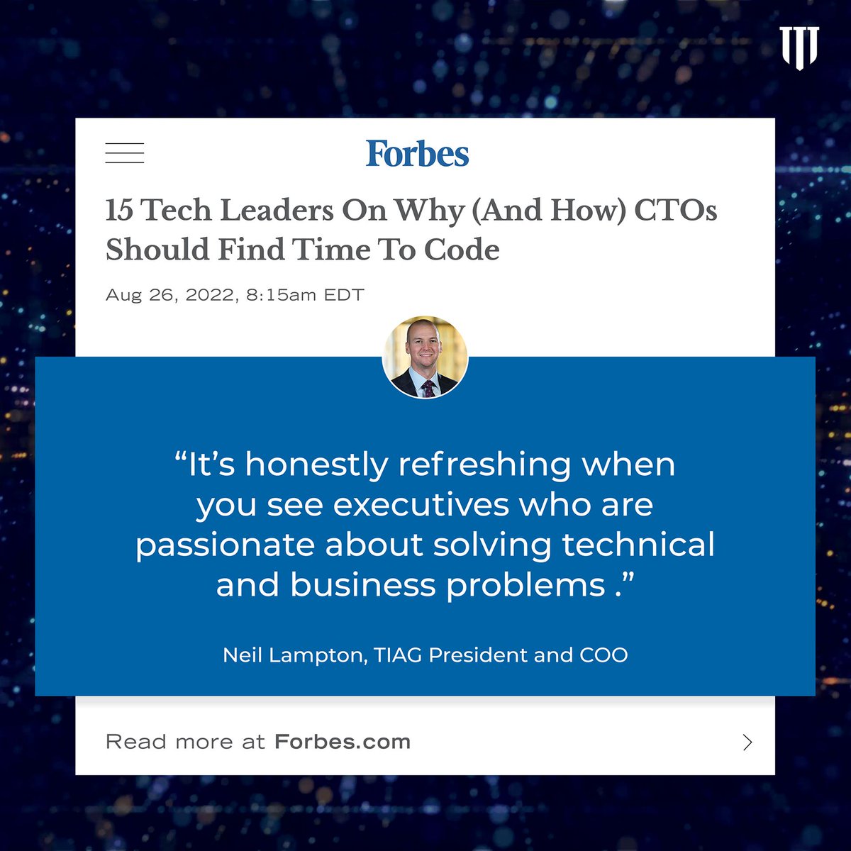 TIAGinc's tweet image. Technology leaders should maintain a hands-on approach for numerous compelling reasons. Gain further insight on this topic from Neil Lampton, President and COO of TIAG, in his illuminating @Forbes article. #connection #customers #insight

forbes.com/sites/forbeste…