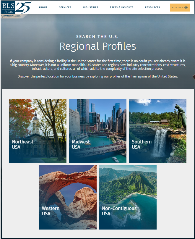 BLS &amp; Co. is excited to launch a new tool for site selectors. Our Regional Profiles share data on population, top industry sectors, state profiles and notable investments.

Explore here:
blsstrategies.com/regional-profi…