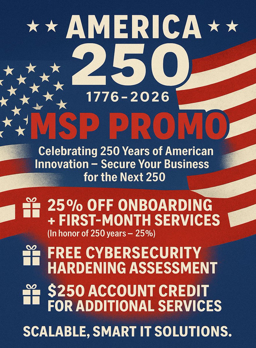 MTPNJ's tweet photo. America is turning 250 — is your IT ready for the future?

🎆 MTP’s America 250 MSP Promo:
✅ 25% off onboarding
✅ FREE cybersecurity assessment
✅ $250 service credit

Strong IT. Strong Business. Strong America.
📞 973-810-2930

#America250 #MSP #CyberSecurity #SmallBusiness https://t.co/SxNVZouefA