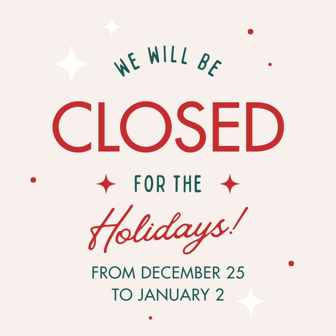 📢 ATTENTION LOCALS: We will be CLOSED for the holidays from Dec. 25 to Jan. 2, so please plan accordingly!! Happy holidays and see you in the new year  #HolidayClosure #HappyHolidays