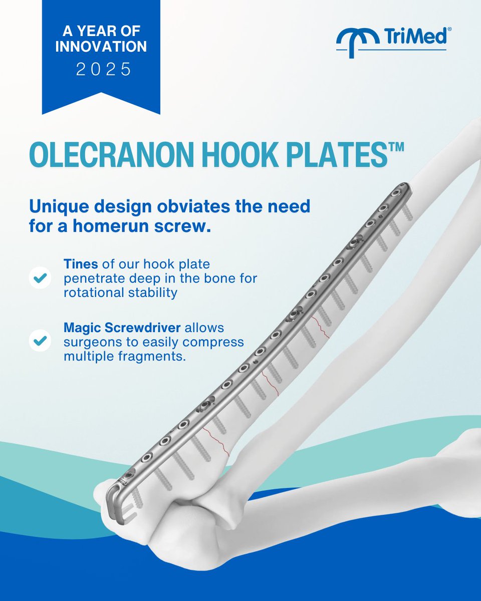 TriMed continues to expand solutions for the upper extremity — including NEW sizing options for our Olecranon Hook Plates. 💪

Innovation in fixation — built for stability where it matters.

#OrthoInnovation2025 #ImplantBreakthroughs #TriMedOrtho