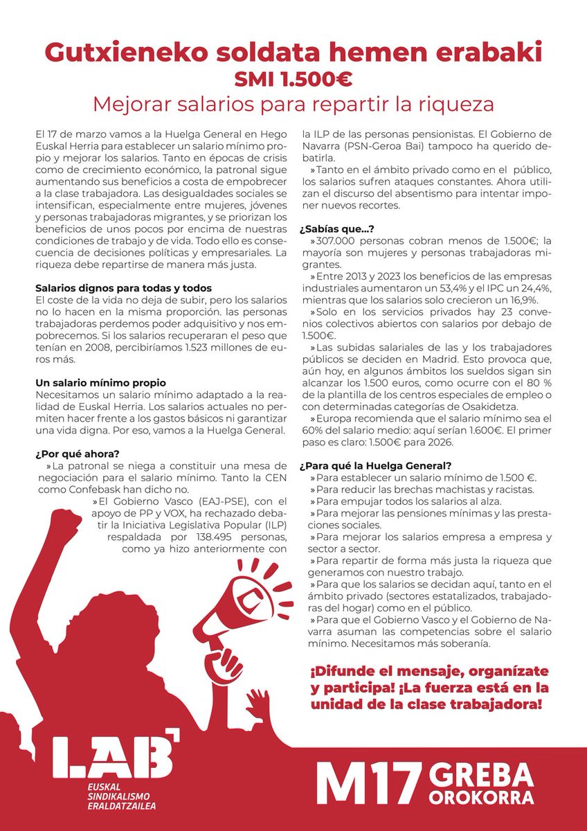 ✊ El 17 de marzo haremos una Huelga General en Hego Euskal Herria

❓ ¿Por qué ahora? ¿Para qué? Aquí las explicaciones.

#M17GrebaOrokorra
#HemenErabaki
#SMIpropio
#MejorarSalarios