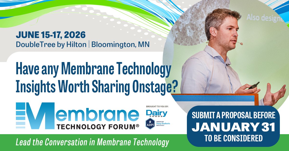 DairyFoods's tweet image. Ready to share your #insights and experiences with the leaders shaping the future of #membrane technology? Submit your abstract to become a speaker at the 2026 Membrane Technology Forum taking place June 15-17, 2026. 

Submit your abstract TODAY! brnw.ch/21wYyUZ