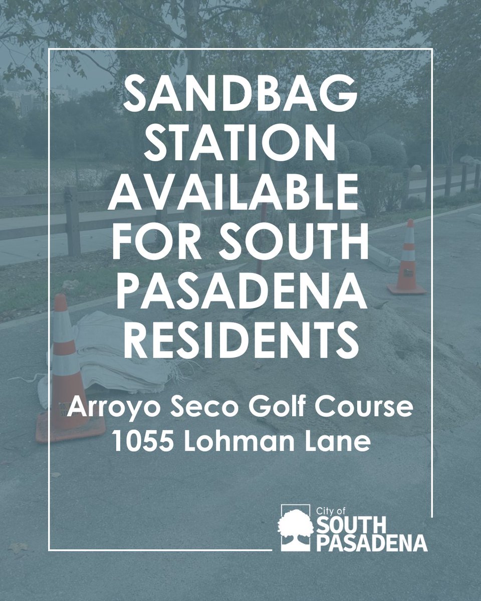 To prepare for rain this week, a self-serve sandbag station is available for South Pasadena residents at the Arroyo Seco Golf Course, located at 1055 Lohman Lane, offering free sand to help residents protect their homes and property.
