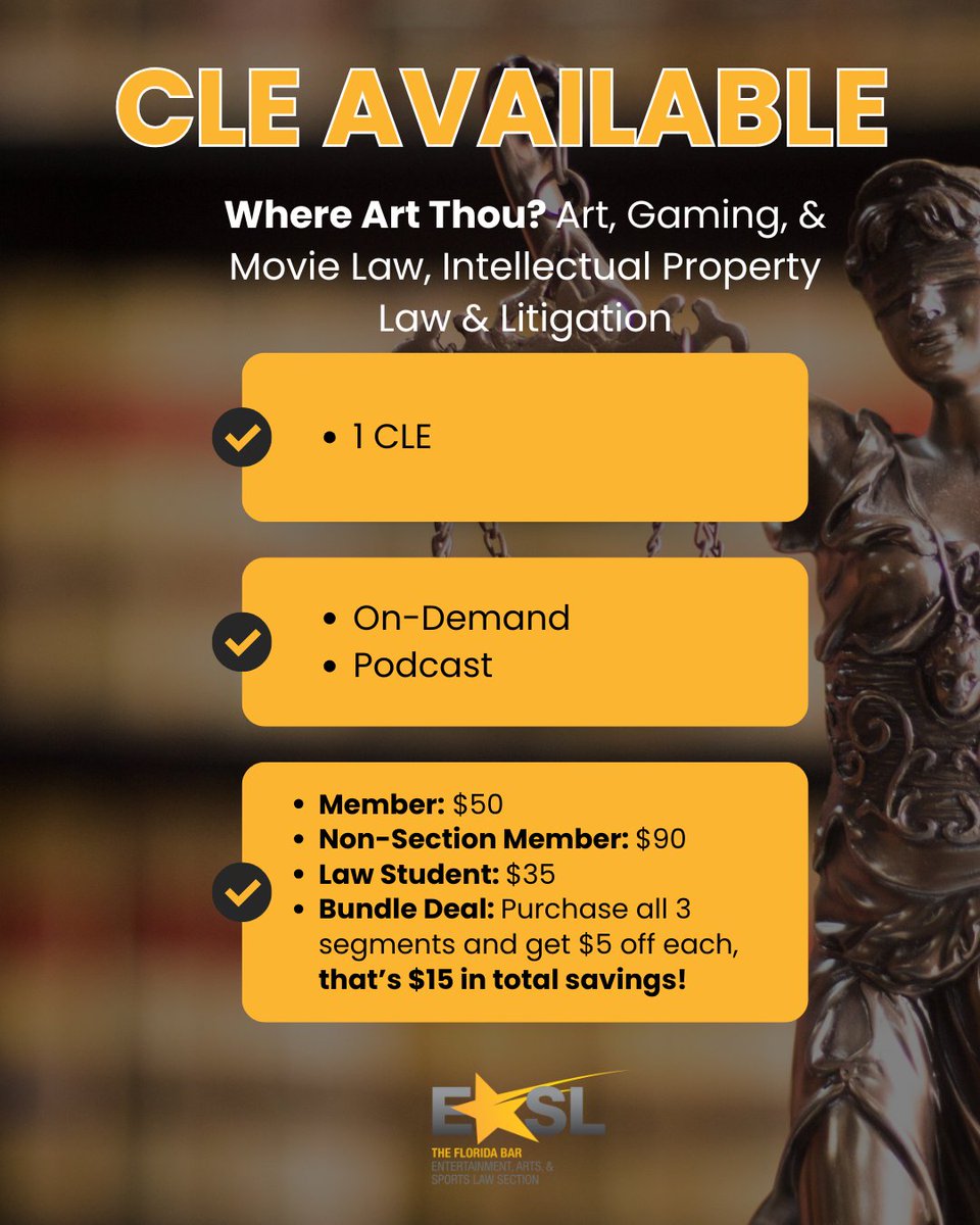 EASLonline's tweet photo. CLE AVAILABLE! Where Art Thou?

Stay informed. Earn CLE credit. Level up your expertise. https://t.co/lzPiWWctQA 

#CLE #ArtLaw #GamingLaw #MovieLaw #IntellectualProperty #Litigation #LegalEducation #EntertainmentLaw #ProfessionalDevelopment https://t.co/6ZZxmeALvB