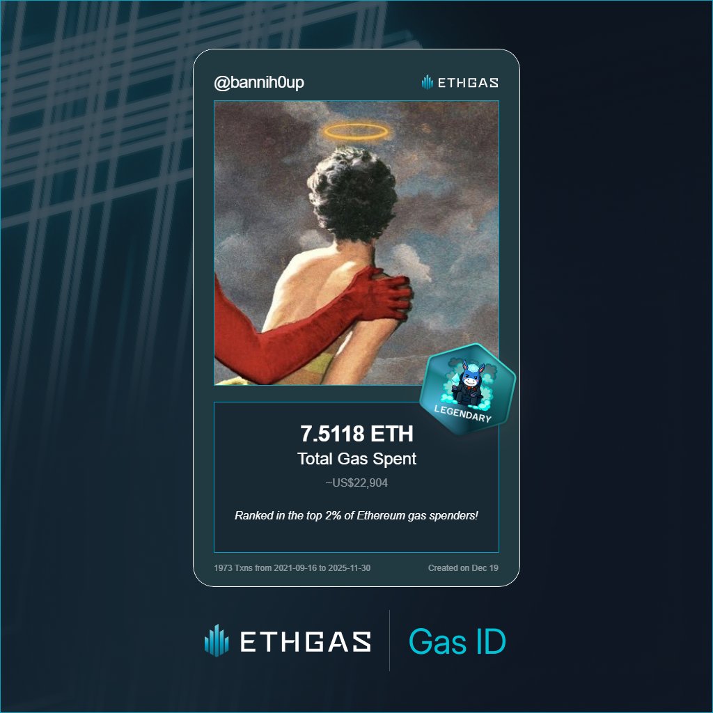 Leveled up in the Great Gas Reckoning with ETHGas! 💪

Legendary Jack status: 7.5118 ETH gas spent, 3000 Beans earned—supporting the Gasless Future!

Claim your Gas ID at ethgas.com/community/gas-…