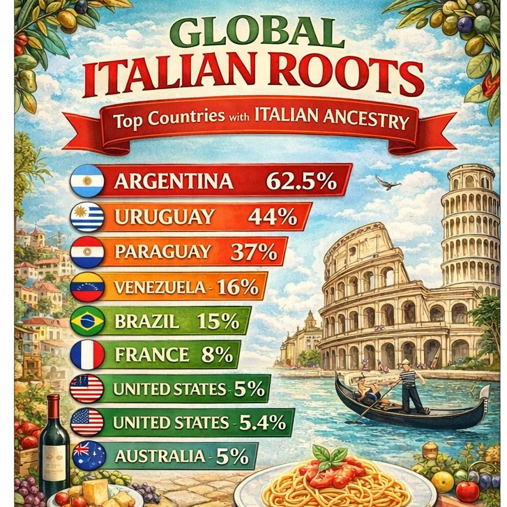Casi 2 de cada 3 personas en Argentina tiene un antepasado italiano