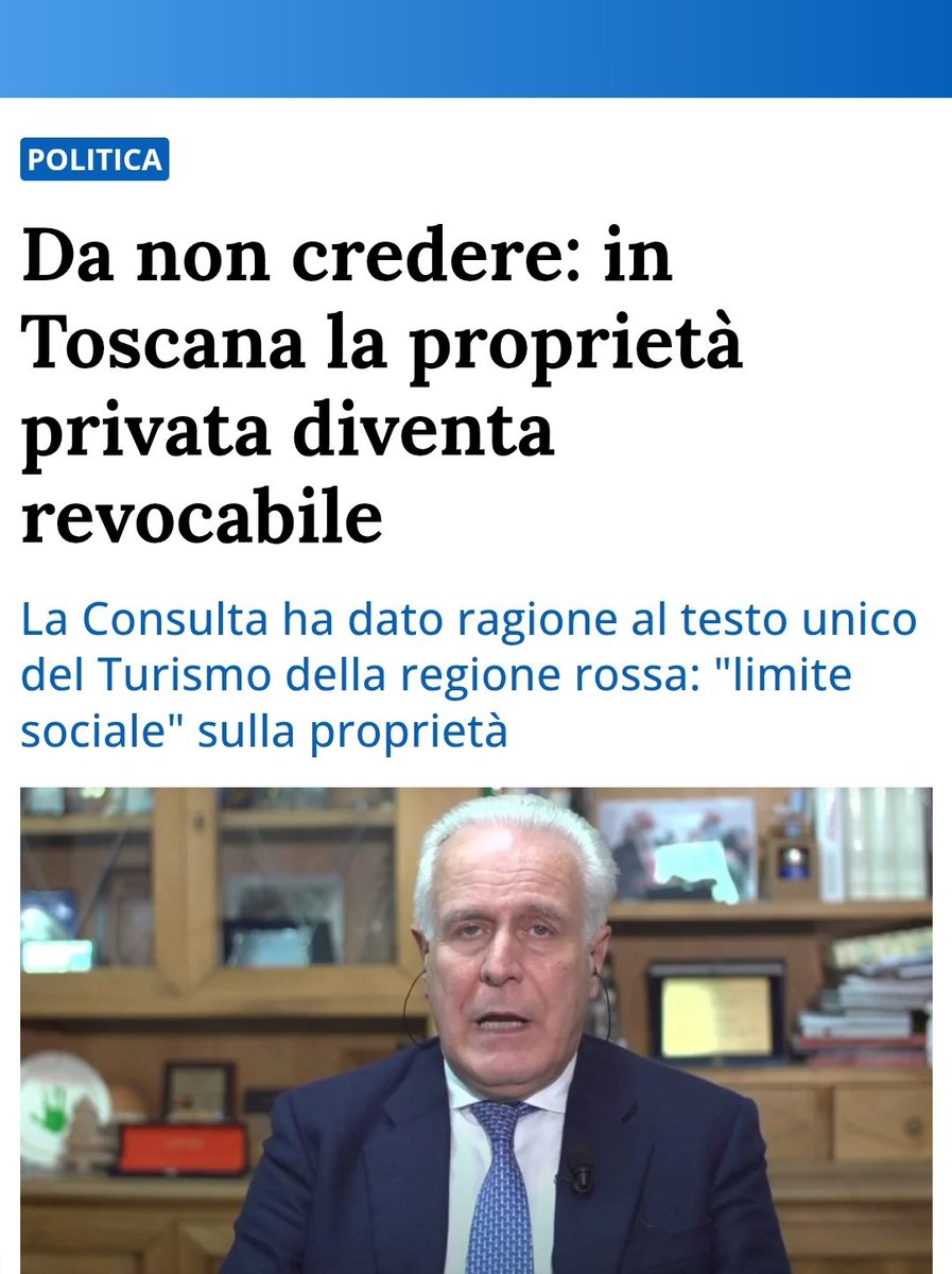 sconnesso_'s tweet image. Da non CREDERE! 
IN TOSCANA [PD] LA PROPRIETÀ PRIVATA DIVENTA REVOCABILE ‼️

Corte Costituz. ha stabilito un principio devastante: una casa di PROPRIETÀ può NON essere più  utilizzata dal proprietario se la politica decide che non è “socialmente opportuno”
nicolaporro.it/da-non-credere…