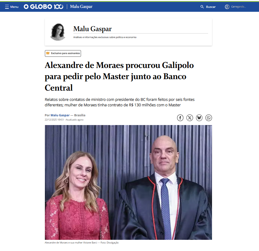 drpaulofaria22's tweet photo. MINISTRO LOBISTA? Função bem interessante.

ESPOSA advogando para o Banco Master... 129 milhões em honorarios (Sim, honorários... 🤡)

Realmente, acham que somos retardados mentais.🤡

����👇👇👇👇👇👇👇👇

"MALU GASPAR | O ministro do Supremo Tribunal Federal (STF) Alexandre de Moraes procurou o presidente do Banco Central, Gabriel Galípolo, pelo menos quatro vezes para fazer pressão em favor do Banco Master. Ao menos três dos contatos foram por telefone, mas pelo menos uma vez Moraes se encontrou presencialmente com Galípolo para conversar sobre os problemas do banco de Daniel Vorcaro. Os relatos sobre as conversas foram feitos à equipe do blog de Malu Gaspar, no site do #JornalOGlobo, por seis fontes diferentes nas últimas três semanas. Uma delas ouviu do próprio ministro sobre o encontro com Galípolo, e as outras cinco souberam dos contatos por integrantes do BC."

Até quando a PGR, PF, TCU, CGU, o escambau a quatro, PASSARÃO PANO E PROTEGERÃO esse sujeito?

E os 129 milhões?

E o aumento exponencial do patrimônio do "casal 20" entre 2023 e 2024?

Mas o problema é o tal "gópi" ao "istadu deMONIOcrático di direito".

MORAES e sua trupe deveriam estar PRESOS, em perpétua.

CRIMES e mais CRIMES, e nada acontece?

O que esse sujeito tem a ser favor que não tem um FILHO DA P.... que se levante, prenda-o, e condene-o por seus crimes?

Pais de merda e de corruptos, mesmo.🤬