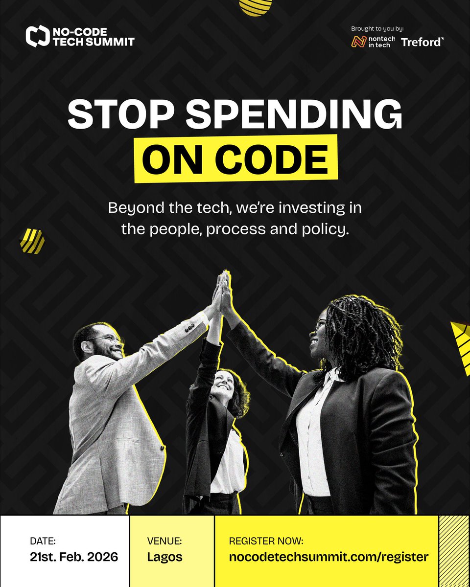nocodesummit's tweet photo. Join the conversation that’s challenging how we build, scale, and innovate. Beyond the tools, it’s time to shift the focus to investing in people, process, and policy.

See you in Lagos on 21st February 2026.

🔗 Register now: https://t.co/qXjdX9CLGZ

#NoCodeAwards #NCTSummit https://t.co/KouzMwOMDP
