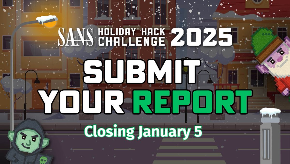 SANSEMEA's tweet image. 📣 Submit Your Report!

Submit your report by January 5 for a chance to win incredible prizes — including a SANS OnDemand course or a SANS Skills Quest by NetWars subscription.

Share your journey, show your skills, and join the finalists’ spotlight! ✨💻🎄sans.org/u/1D01