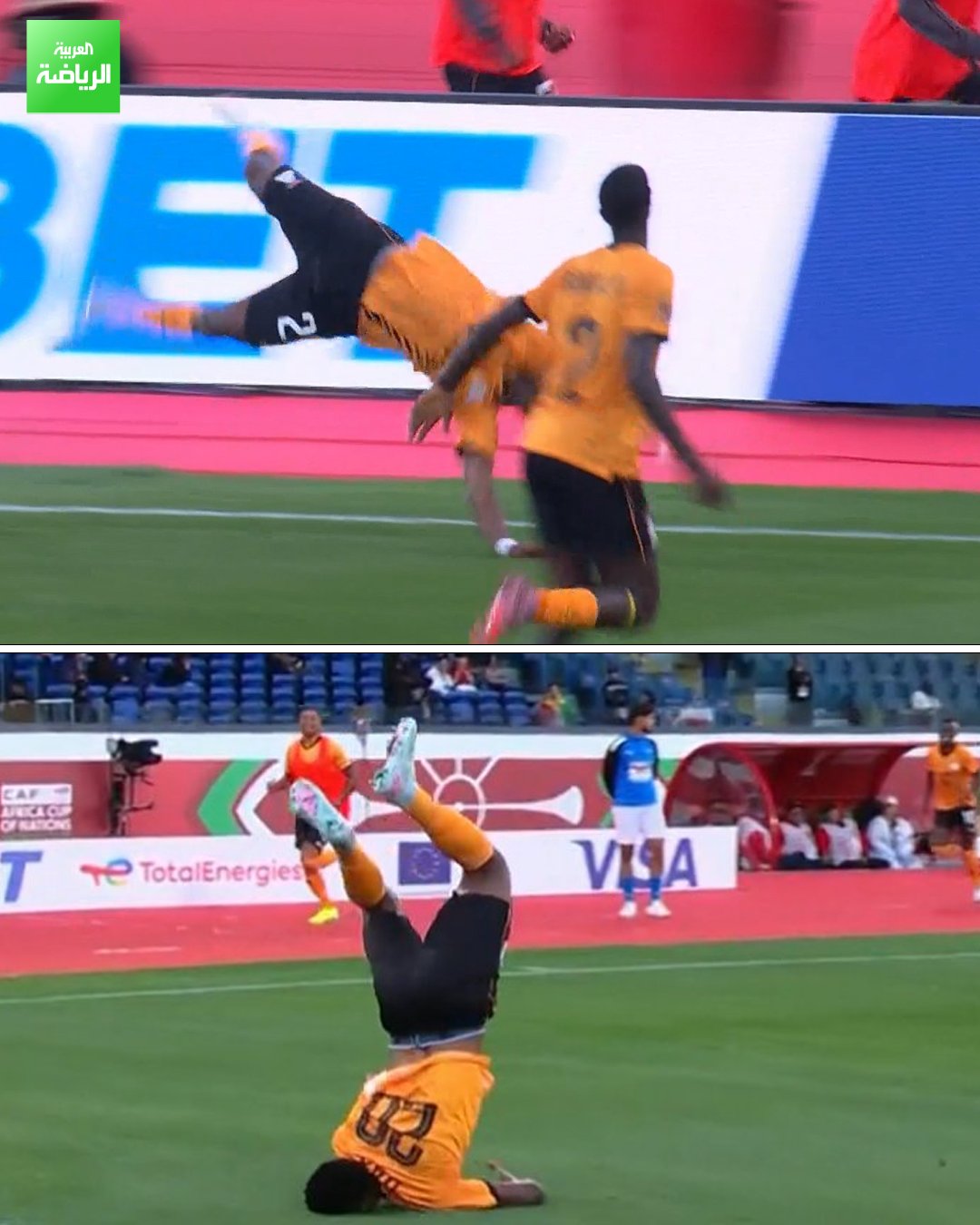 سقوط باتسون داكا أثناء محاولته الاحتفال بعد تسجيله هدف التعادل لزامبيا أمام مالي في الدقائق الأخيرة 
