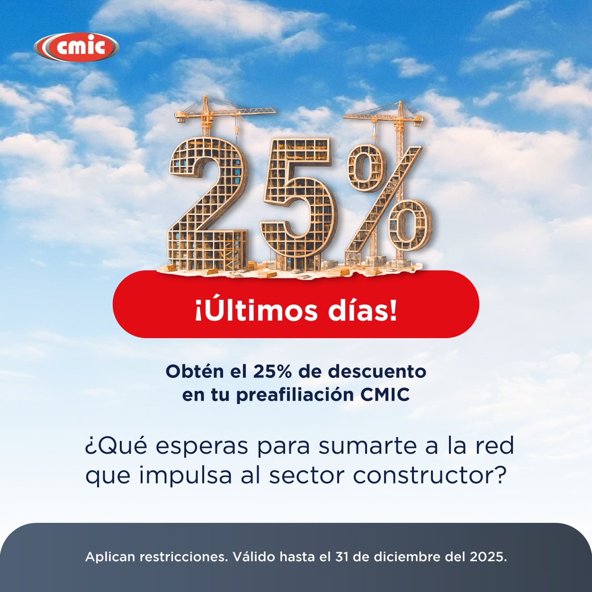 📣 ¡Últimos días! 

25% de descuento en preafiliación CMIC

¿Qué esperas?

🦺 Preafíliate hoy👷

*Válido hasta el 31 de diciembre 2025. Aplican restricciones.

cmic.org.mx/cmic/afiliacio…