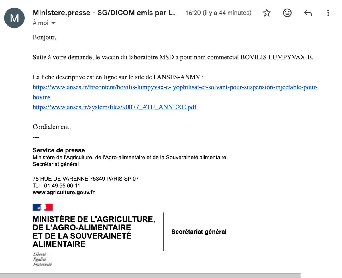 Je remercie le service de presse du Ministère de l'Agriculture de m'avoir communiqué officiellement le nom du vaccin anti-DNC utilisé en France et qu'on ne trouve pas sur son site.  
Il s'agit bien du vaccin de Merck, le Bovilis-Lumpyvax qui ne bénéficie pas d'une AMM