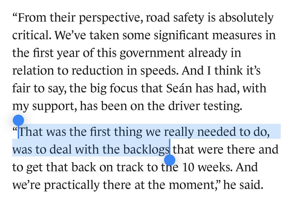 • Rising road deaths, 
• Congestion chaos,
• Lack of enforcement 
• Overloaded bus routes
• Transport Projects waiting for sign-off
• RSA victim blaming as usual

Minsters Number 1 Priority;
Sort out the Driver Test Backlog 🙄

At least we know it wasn’t the money