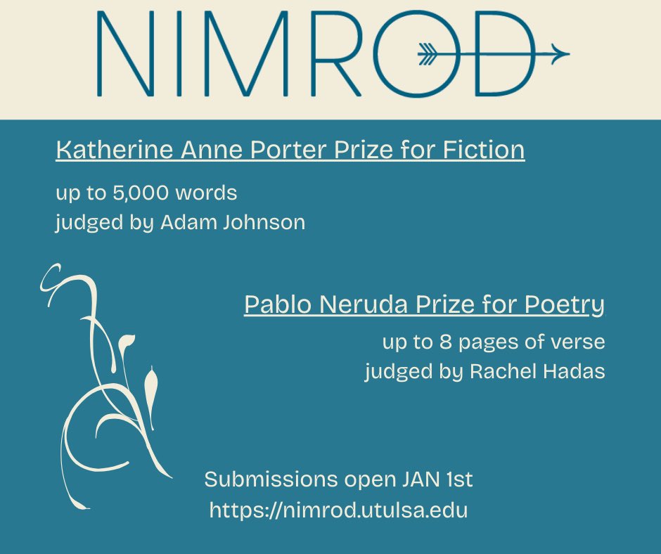NimrodJournal's tweet photo. We could not be more excited to read your submissions to our annual literary contests! Please go to our site to learn more (link in bio, URL in the image). https://t.co/7PnR3VYjQA