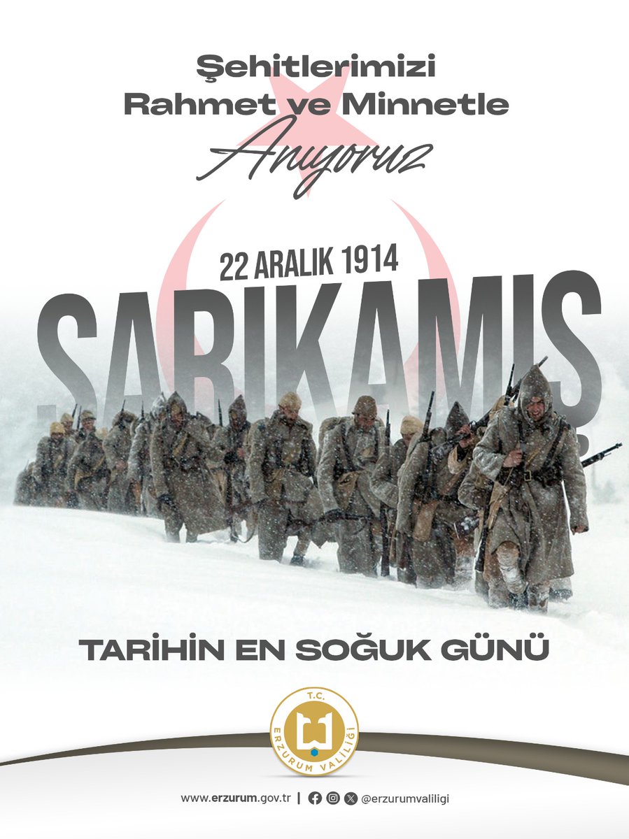 🇹🇷 Sarıkamış’ın yakıcı soğuğunda, imanla ve vatan sevgisiyle yürüyen kahramanlarımız; beyaz kefenlere bürünen yiğitlerimiz, bu toprakların ebedî bekçileri oldu. Bir milletin onuru, fedakârlığı ve sarsılmaz iradesi olarak tarihe kazınan aziz şehitlerimizi; vatan uğruna canlarını