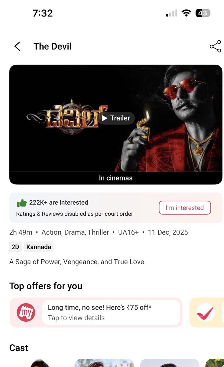 Kannada_BO's tweet photo. #TheDevil BMS trending ends on 12th day of its theatrical release. https://t.co/TAK8wUOqwK