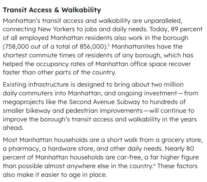 “Nearly 80% of Manhattan households are car free - a far higher figure than possible almost anywhere else in the country…[making it] easier to age in place.”
