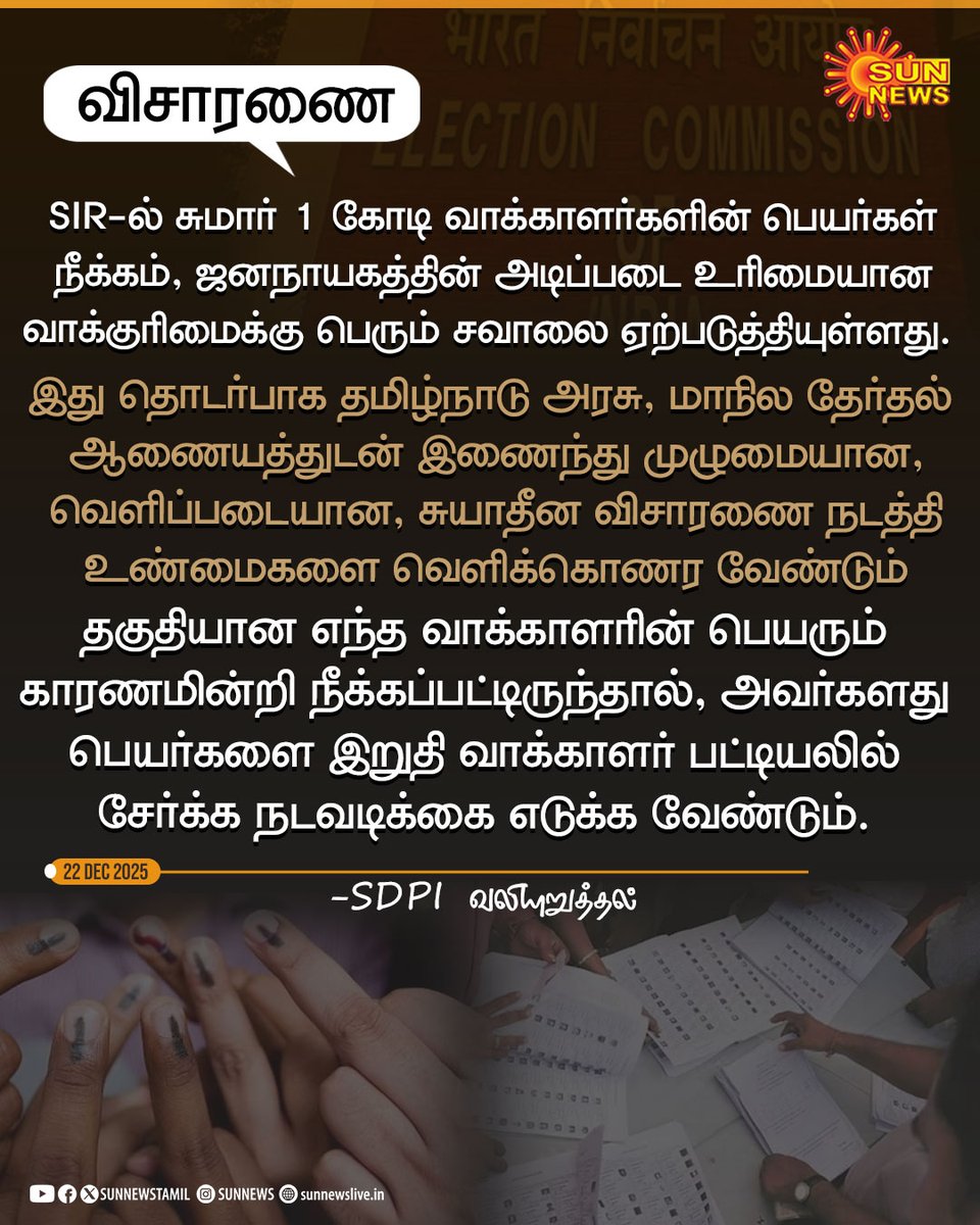 sunnewstamil's tweet photo. #NewsUpdate | “SIR-ல் சுமார் ஒரு கோடி வாக்காளர்கள் நீக்கப்பட்டது குறித்து சுயாதீன விசாரணை நடத்த வேண்டும்” -SDPI வலியுறுத்தல்

#SunNews | #ElectionCommission | #SIREffect https://t.co/OtbBwKMXDg