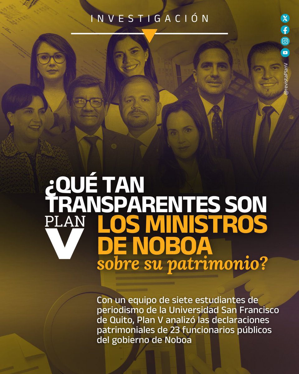 #Investigación | Con un equipo de estudiantes de la <a href="/USFQ_Ecuador/">Universidad San Francisco de Quito</a>, Plan V analizó el patrimonio de 23 funcionarios del gobierno de Noboa. Hallazgos: saltos patrimoniales, vínculos societarios y vacíos ante el SRI. Primera entrega. bit.ly/3Y46FNf